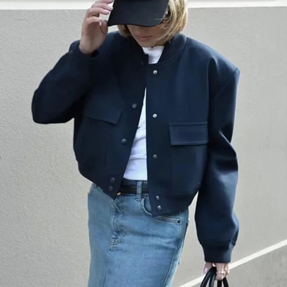 Zara Jackets & Blazers - ZARA Padded Shoulder Bomber Jacket Women Crop Coat - Navy